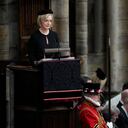 British Prime Minister Liz Truss speaks during the State Funeral of Queen Elizabeth II at Westminster Abbey in central London, Monday, Sept. 19, 2022. The Queen, who died aged 96 on Sept. 8, will be buried at Windsor alongside her late husband, Prince Philip, who died last year. (AP Photo/Frank Augstein, Pool)