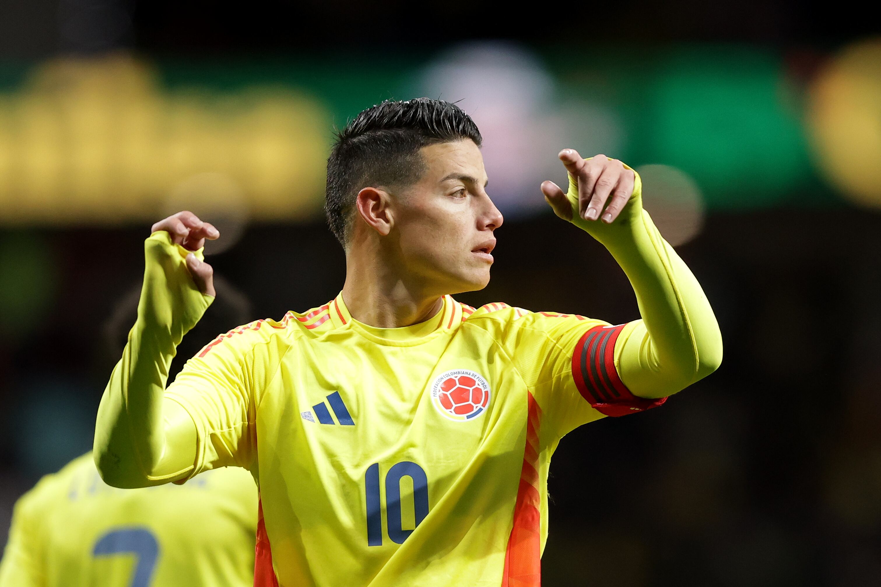 MADRID, SPAIN - MARCH 26: James Rodriguez of Colombia gives instructions to his teammates during the friendly match between Romania and Colombia at Civitas Metropolitan Stadium on March 26, 2024 in Madrid, Spain. (Photo by Gonzalo Arroyo Moreno/Getty Images) (Photo by Gonzalo Arroyo Moreno/Getty Images)