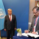 Gustavo Petro y António Guterres en Naciones Unidas.