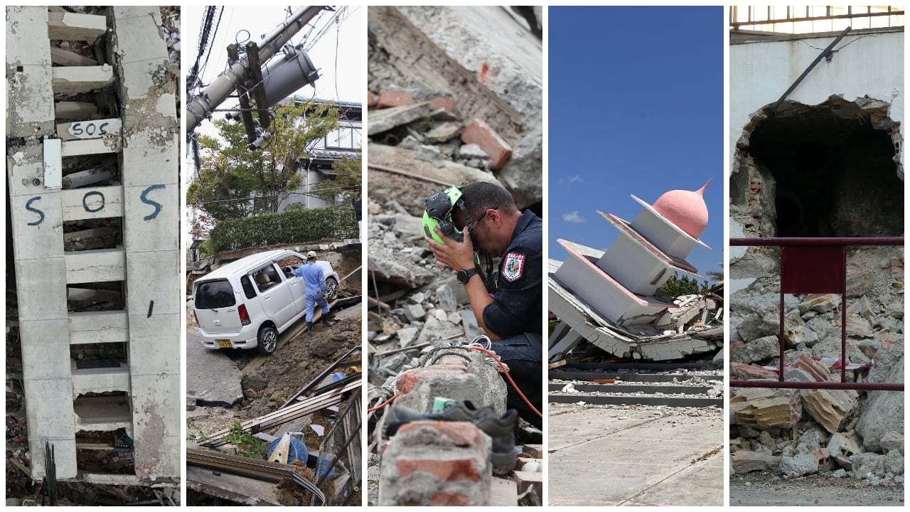 De izquierda a derecha: Imágenes de los terremotos en Venezuela, Japón, Colombia, Indonesia y España, respectivamente