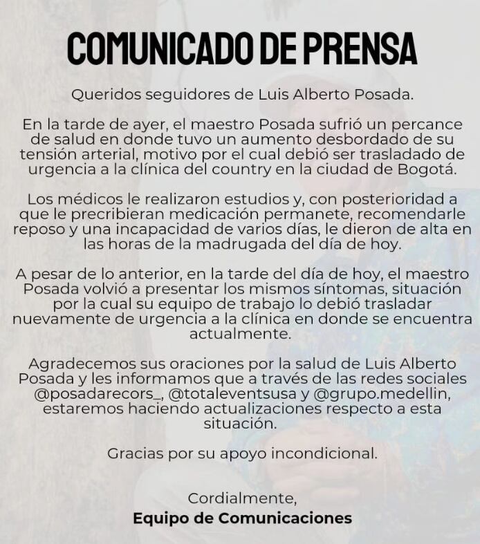Luis Alberto Posada fue hospitalizado de urgencia en Bogotá.