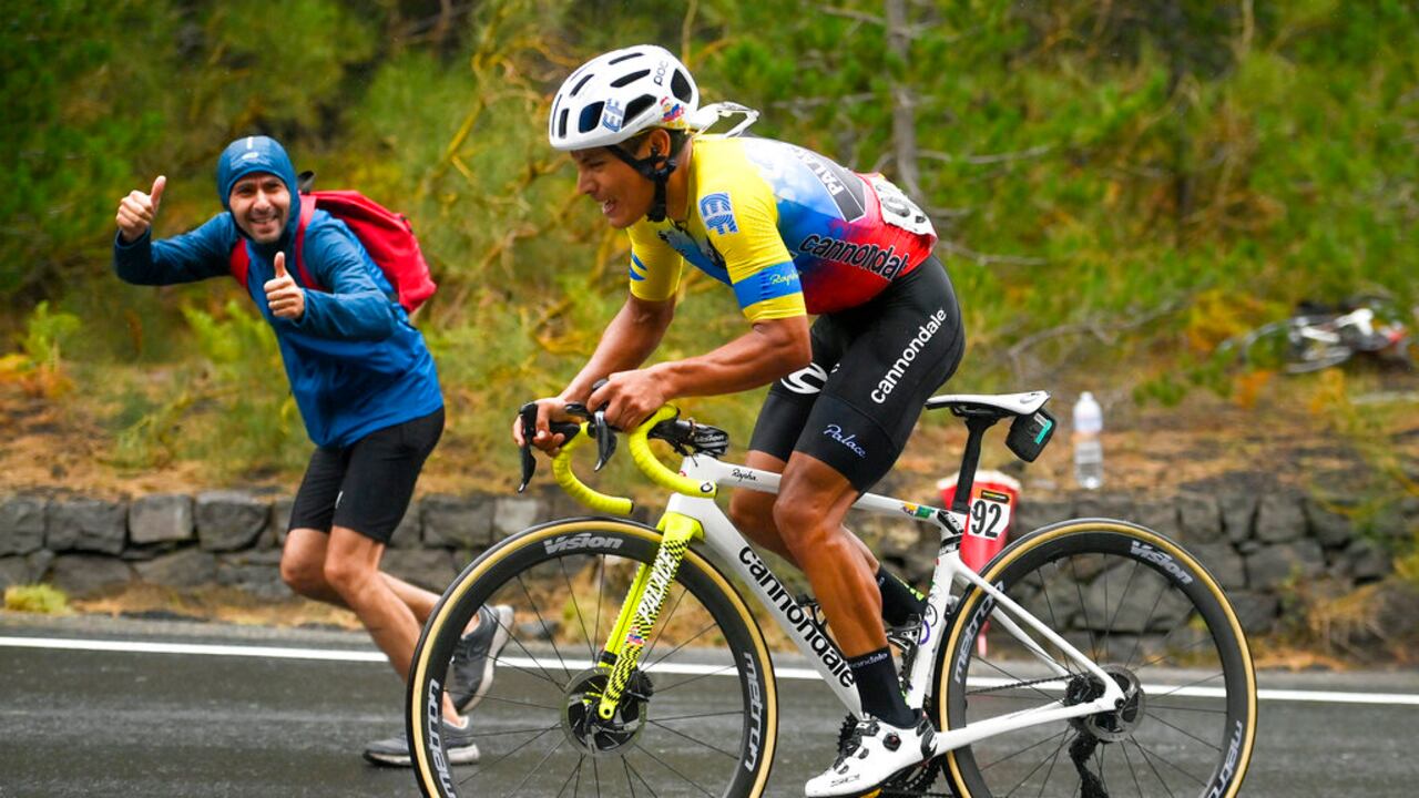 Ecuador's Jonathan Caicedo competes during the third stage of the Giro d'Italia, tour of Italy cycling race from Enna to Etna, Sicily, Monday, Oct. 5, 2020. (Marco Alpozzi/LaPresse via AP)