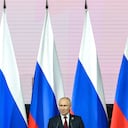 Russian President Vladimir Putin speaks during the official ceremony to welcome leaders of delegations to Russia-Africa Summit in St. Petersburg, Russia, Thursday, July 27, 2023. (Sergei Bobylev/TASS Host Photo Agency Pool Photo via AP)