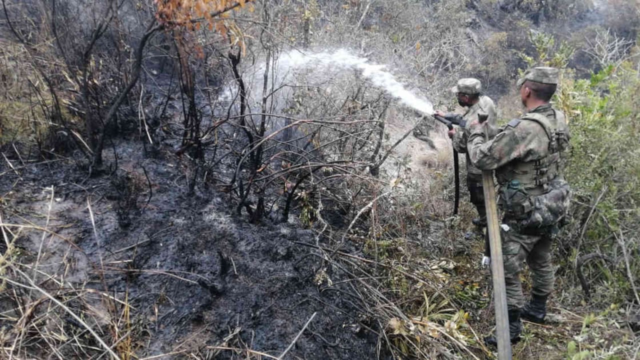 Uniformados del Ejército Nacional, junto a integrantes de diferentes organismos de socorro, vienen trabajando arduamente en la extinción del incendio que se registra entre Floresta y Betétiva. Foto: Ejército Nacional (@Ejercito_Div2) - Colombia hoy.