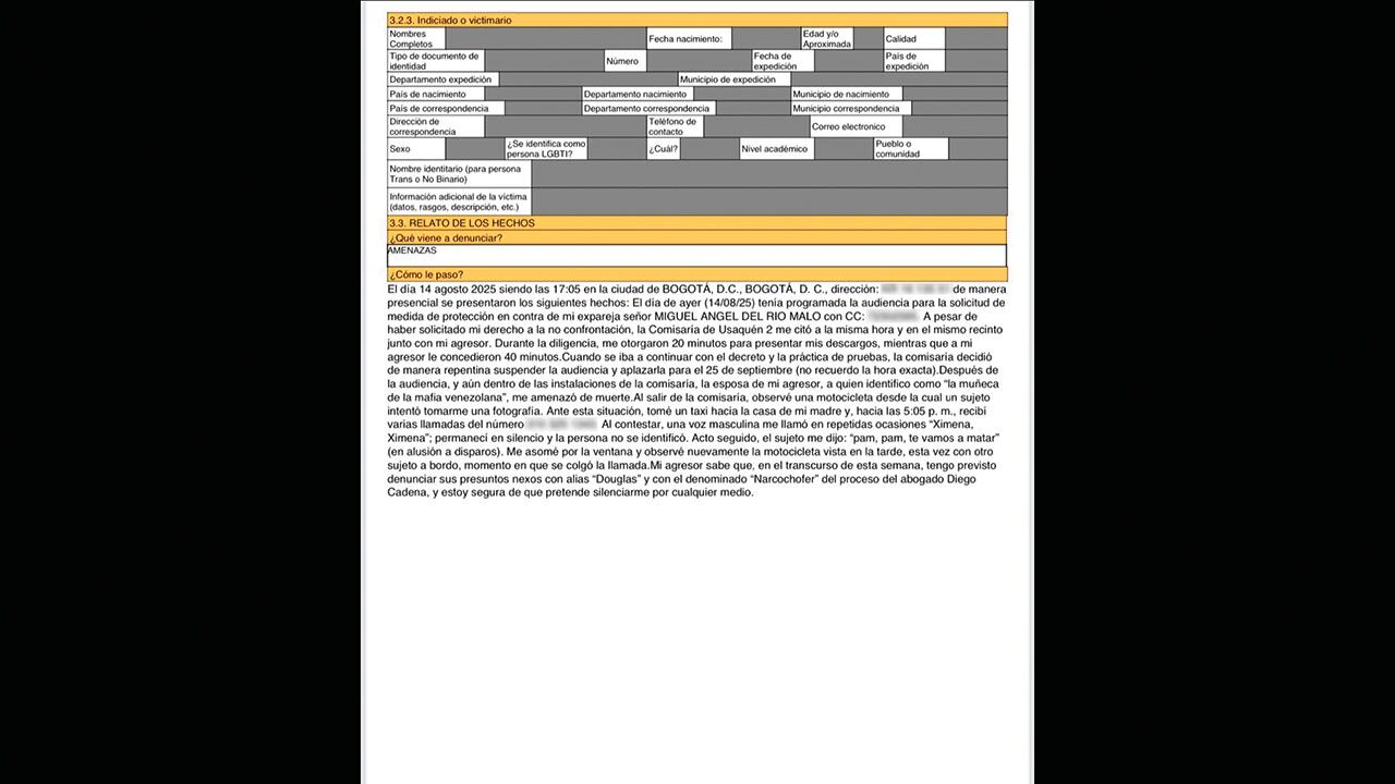 Bustamante denunció que la nueva esposa de Del Río, Railin Elizabeth Yepes, la amenazó de muerte.