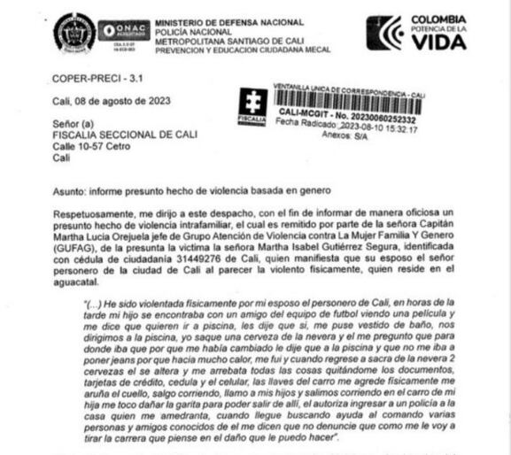 Esta es la denuncia por violencia intrafamiliar de la esposa del personero de Cali.