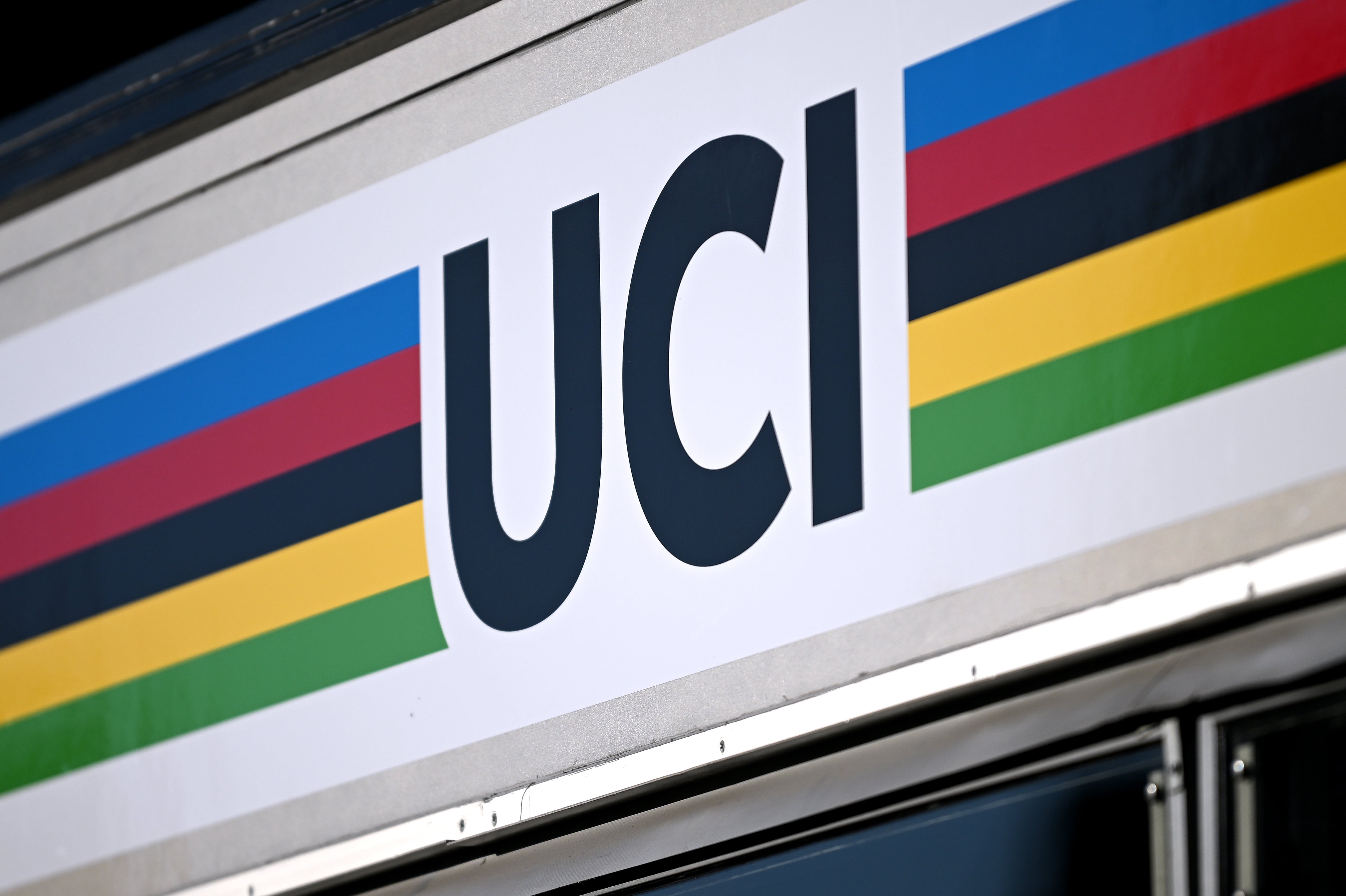 ZURICH, SWITZERLAND - SEPTEMBER 25: UCI logo during a training session on day 5 of the 97th UCI Cycling World Championships Zurich 2024 on September 25, 2024 in Zurich, Switzerland. (Photo by Dario Belingheri/Getty Images)