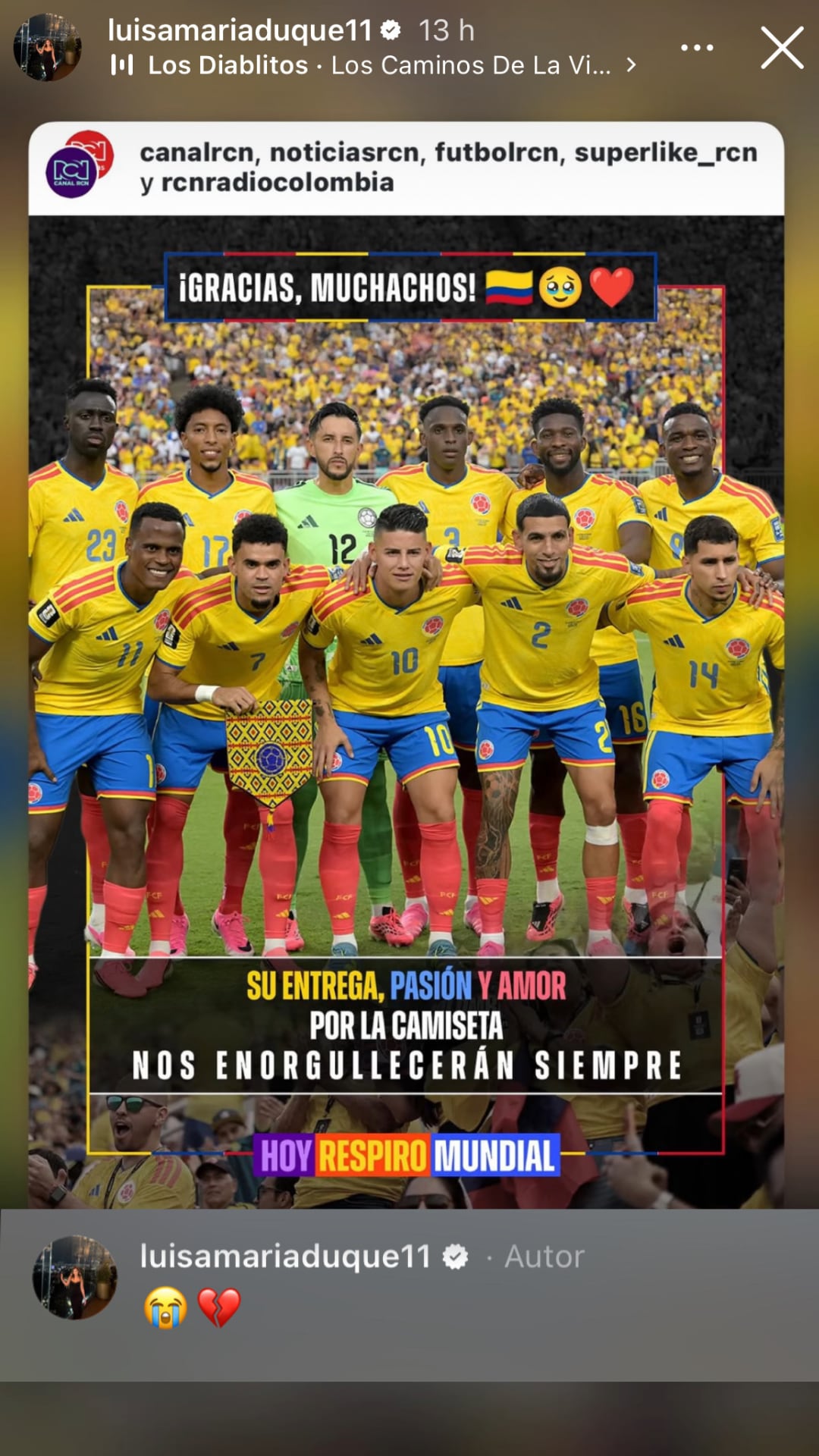 Luisa María Duque se mostró afectada tras el reciente partido de Colombia en el Mundial 2026.