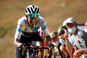 FILE - Colombia's Egan Bernal crosses the finish line of the stage 13 of the Tour de France cycling race over 191 kilometers from Chatel-Guyon to Puy Mary, Friday, Sept. 11, 2020. The 110th edition of the Tour de France starting Saturday, July 1, 2023, from Bilbao, Spain. Bernal, who won the 2019 Tour, was very close to becoming paralyzed after an accident involving a bus in January 2022 in Colombia during training. He is returning to cycling’s biggest race for the first time since his life-threatening crash at the start of last year. (Benoit Tessier/Pool Photo via AP, File)