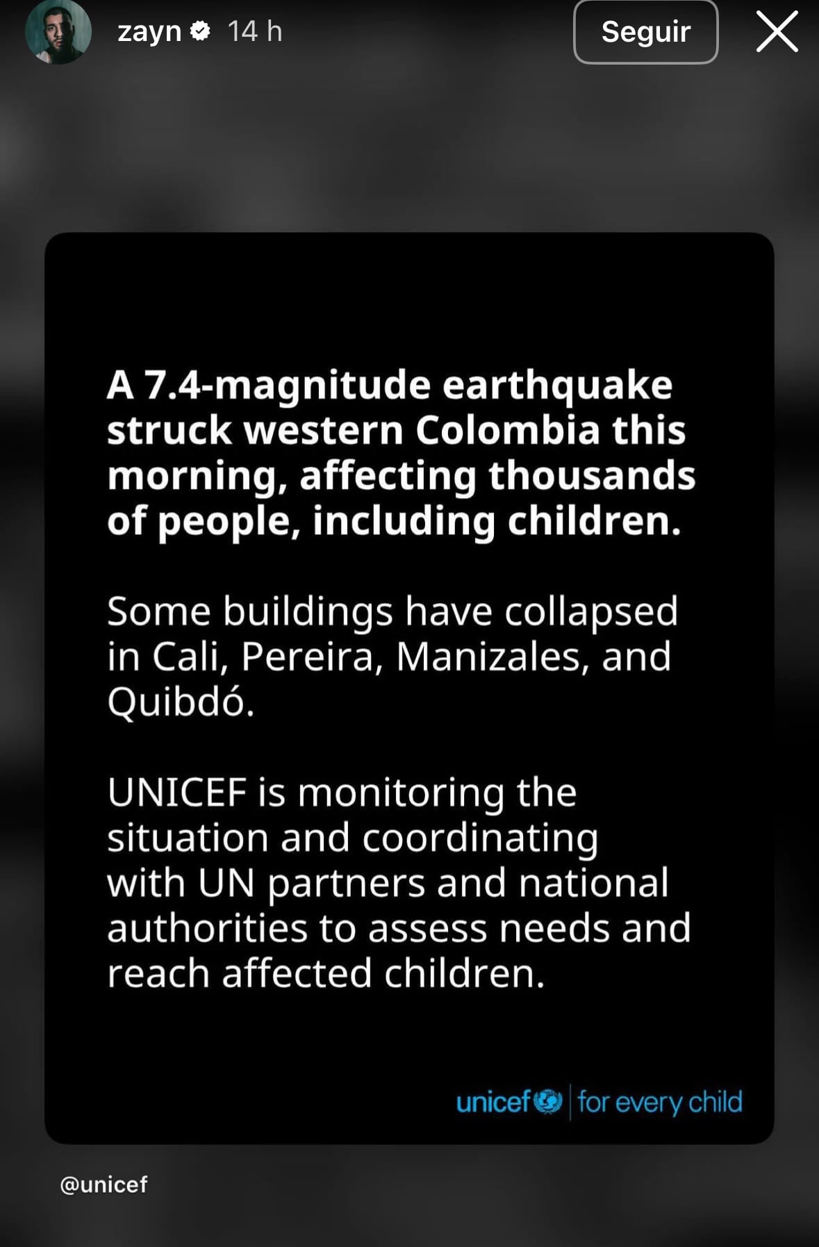 Zayn Malik reposteó publicación relacionada con el terremoto en Colombia.