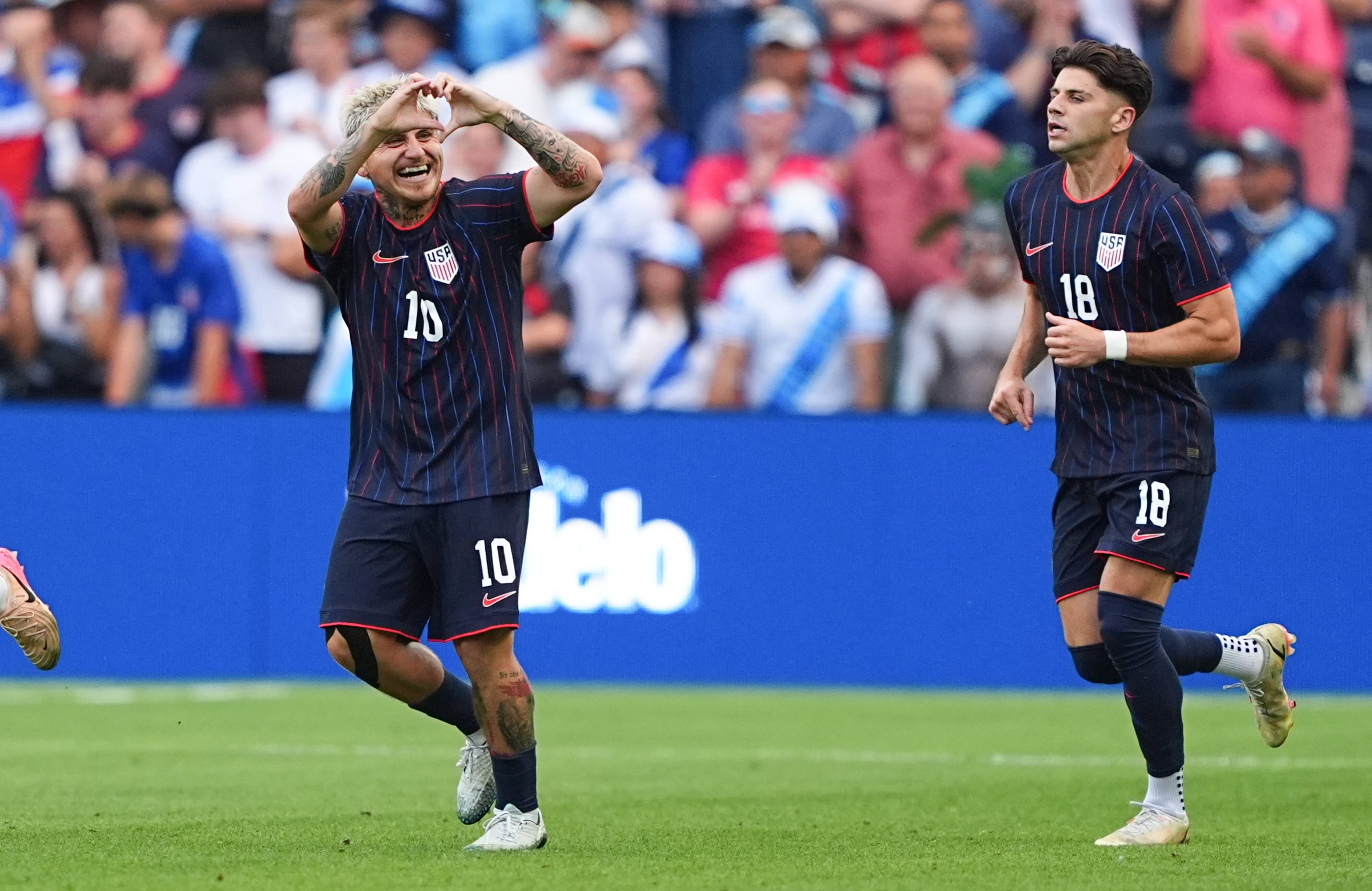 ST LOUIS, MISSOURI - JULY 2: Diego Luna #10 of United States celebrates after scoring against Guatemala during the first half of the Gold Cup 2025: Semifinal round at Energizer Park on July 2, 2025 in St. Louis, Missouri. (Photo by Kyle Rivas/Getty Images)