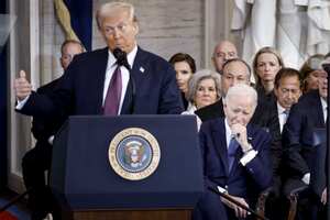 President Donald Trump delivers remarks after being sworn in as the 47th President of the United States during the 60th Presidential Inauguration in the Rotunda of the U.S. Capitol in Washington, Monday, Jan. 20, 2025, as former President Joe Biden looks on. (Shawn Thew/Pool photo via AP)