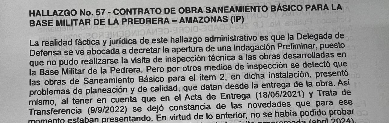 La Contraloría ha encontrado en varias auditorías posibles irregularidades en la base La Pedrera en Amazonas.