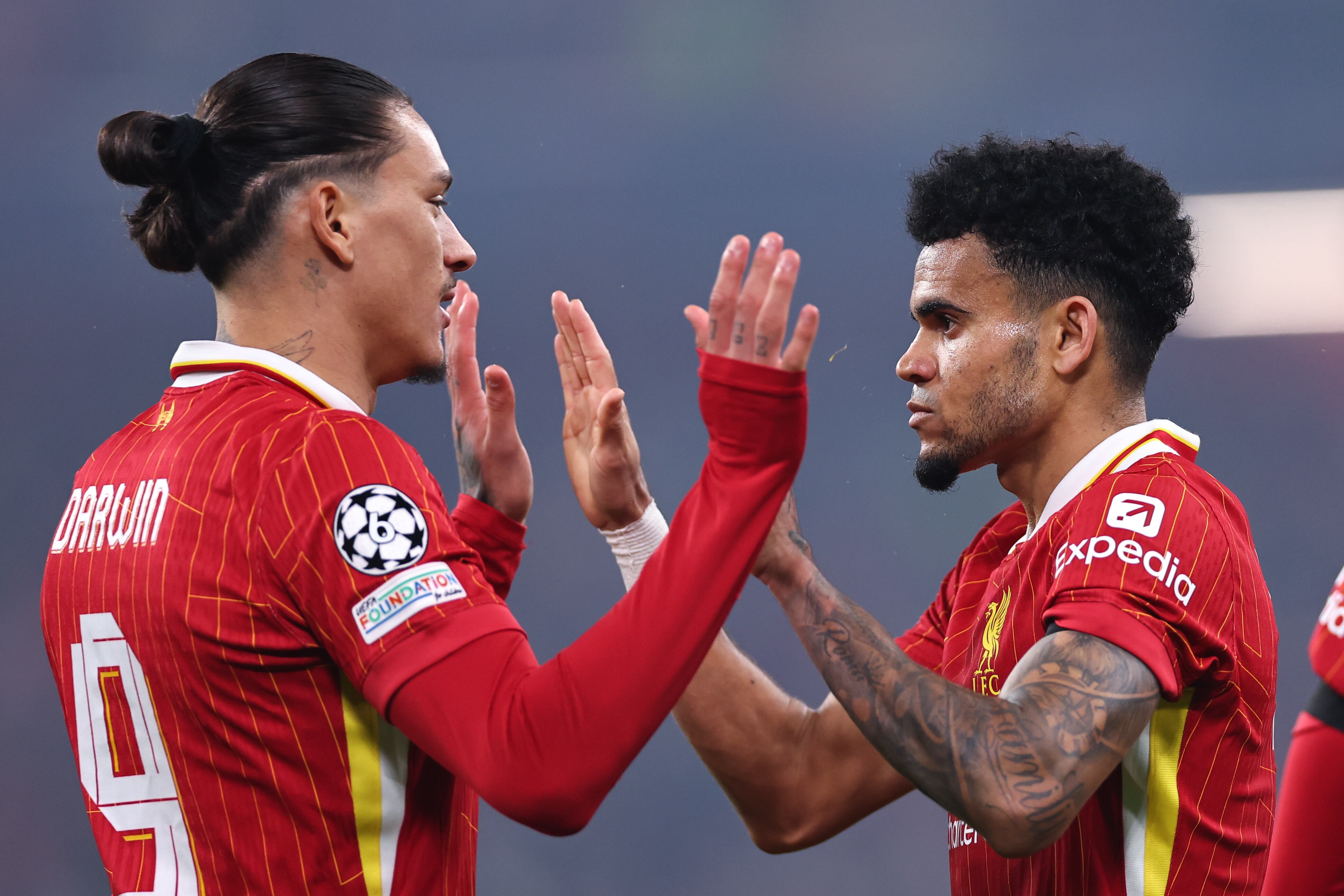 LIVERPOOL, ENGLAND - NOVEMBER 5: Darwin Nunez celebrates with Luis Diaz of Liverpool after he scores a goal to make it 3-0 during the UEFA Champions League 2024/25 League Phase MD4 match between Liverpool FC and Bayer 04 Leverkusen at Anfield on November 5, 2024 in Liverpool, England. (Photo by Robbie Jay Barratt - AMA/Getty Images)