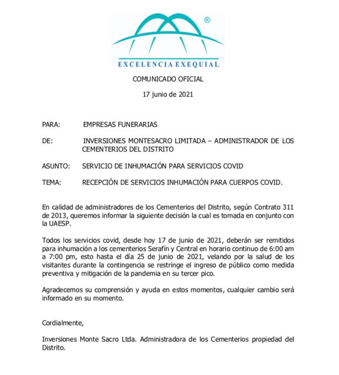 Comunicado de la empresa Inversiones Monte Sacro Ltda, administradora de los Cementerios propiedad del Distrito.