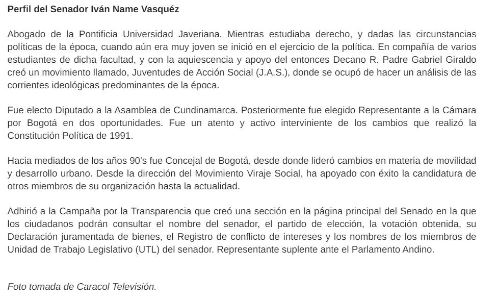 Nota sobre Iván Name donde lo califican como abogado en una nota de prensa de la Alianza Verde.