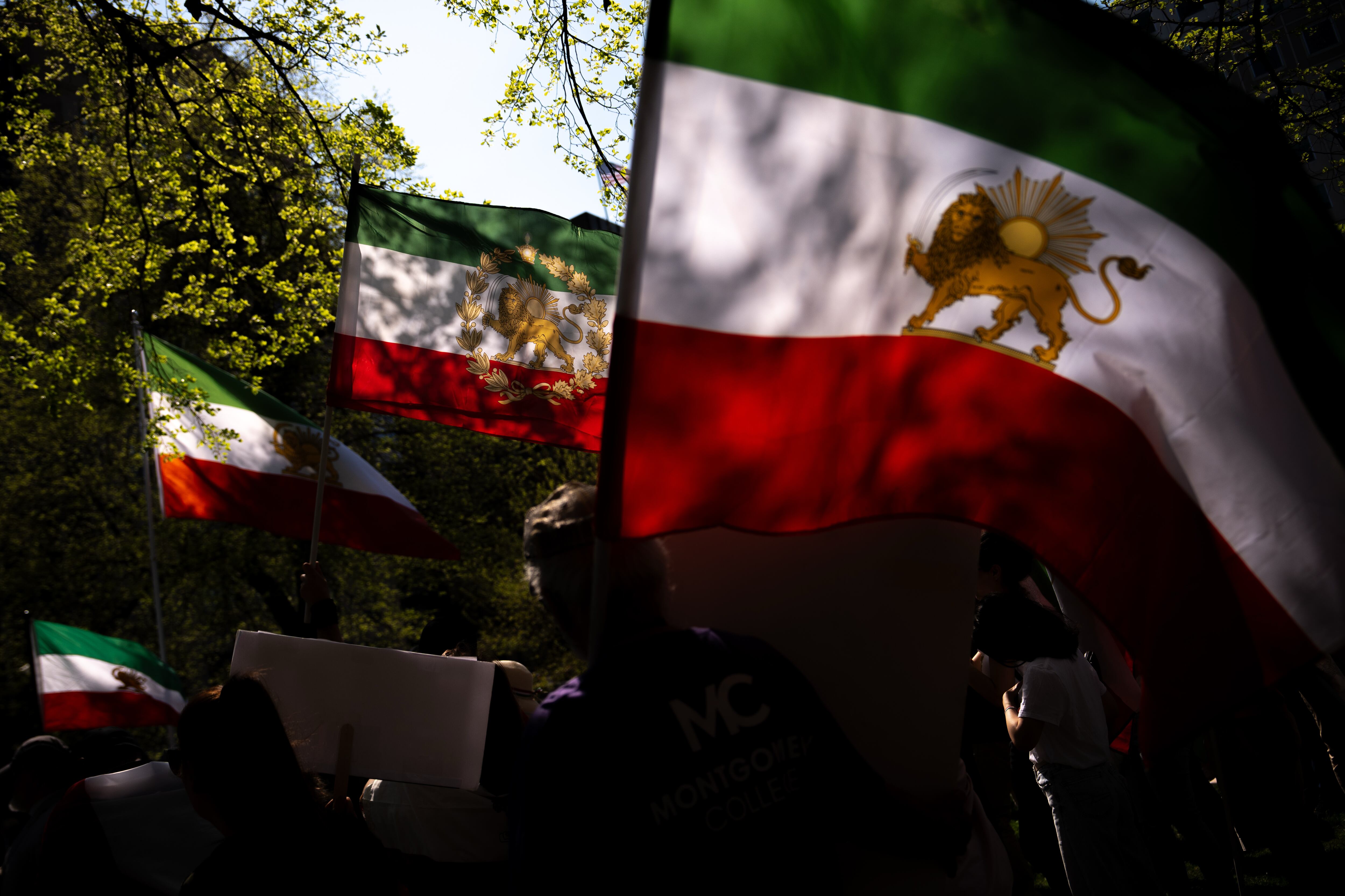 Manifestantes portan banderas iraníes en la plaza Farragut.
