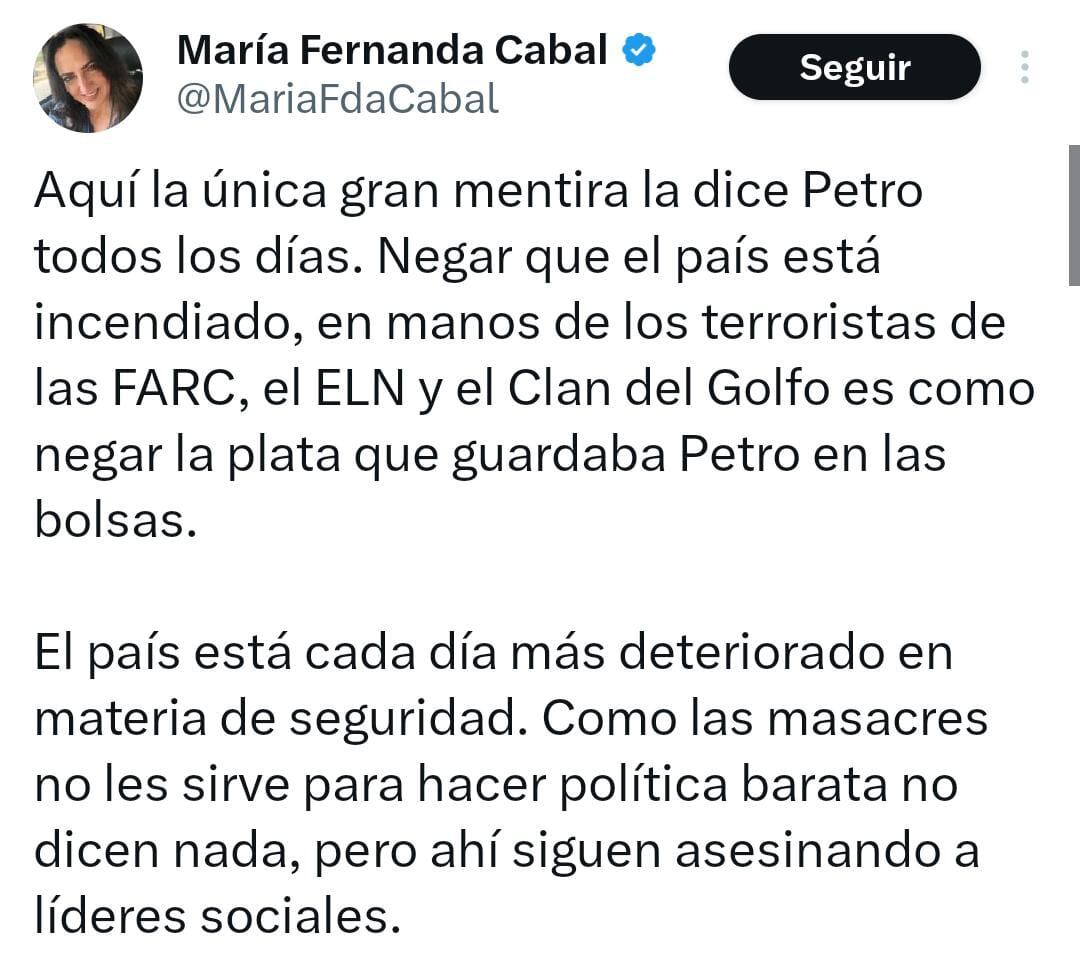 Trino de María Fernanda Cabal contra Gustavo Petro