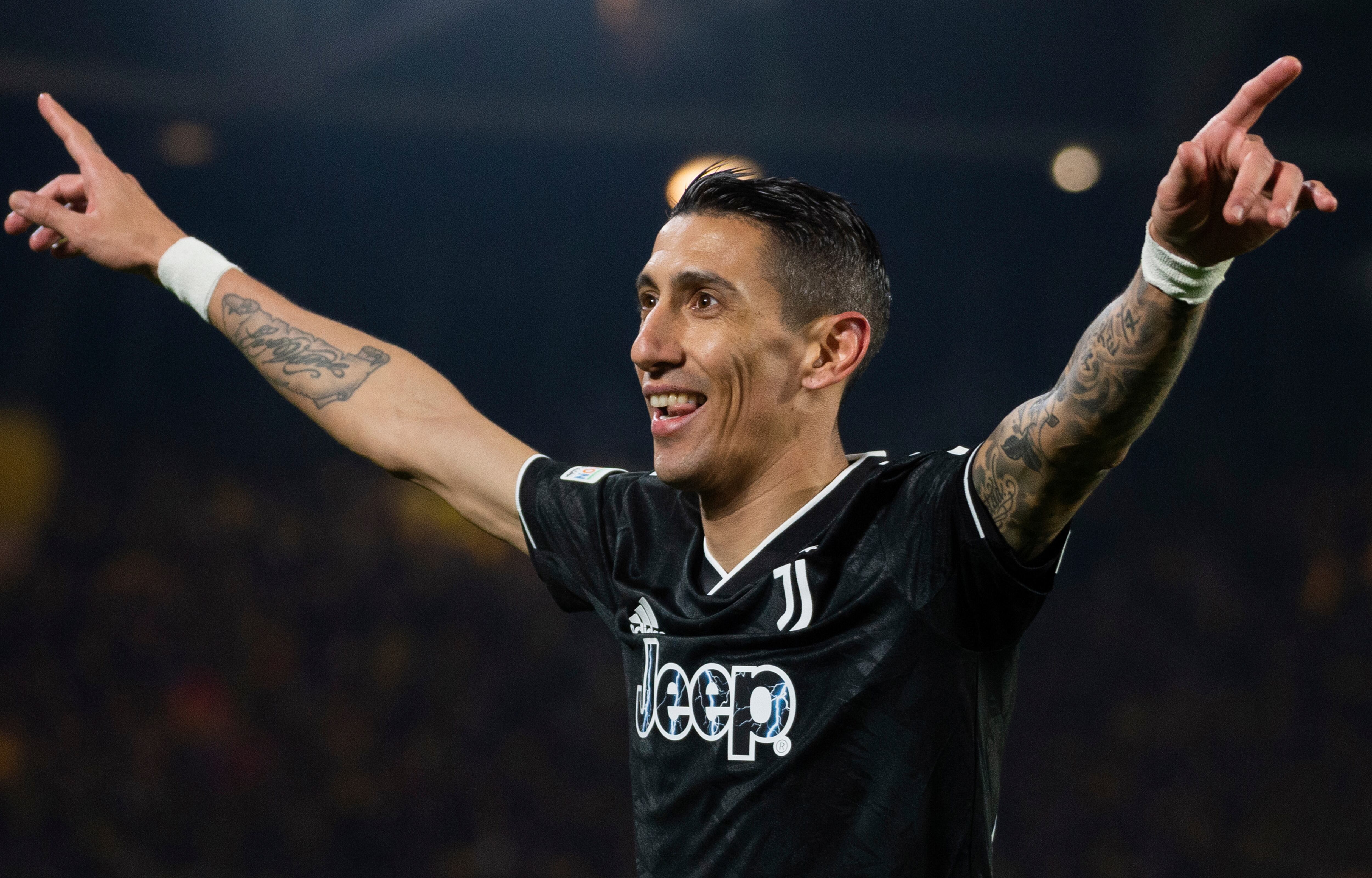 Juventus' Angel Di Maria celebrates after scoring his side third goal during the Europa League play-off second leg soccer match between Nantes and Juventus at the La Beaujoire stadium, Thursday, Feb.23, 2023 in Nantes, western France. (AP Photo/Mathieu Pattier)
