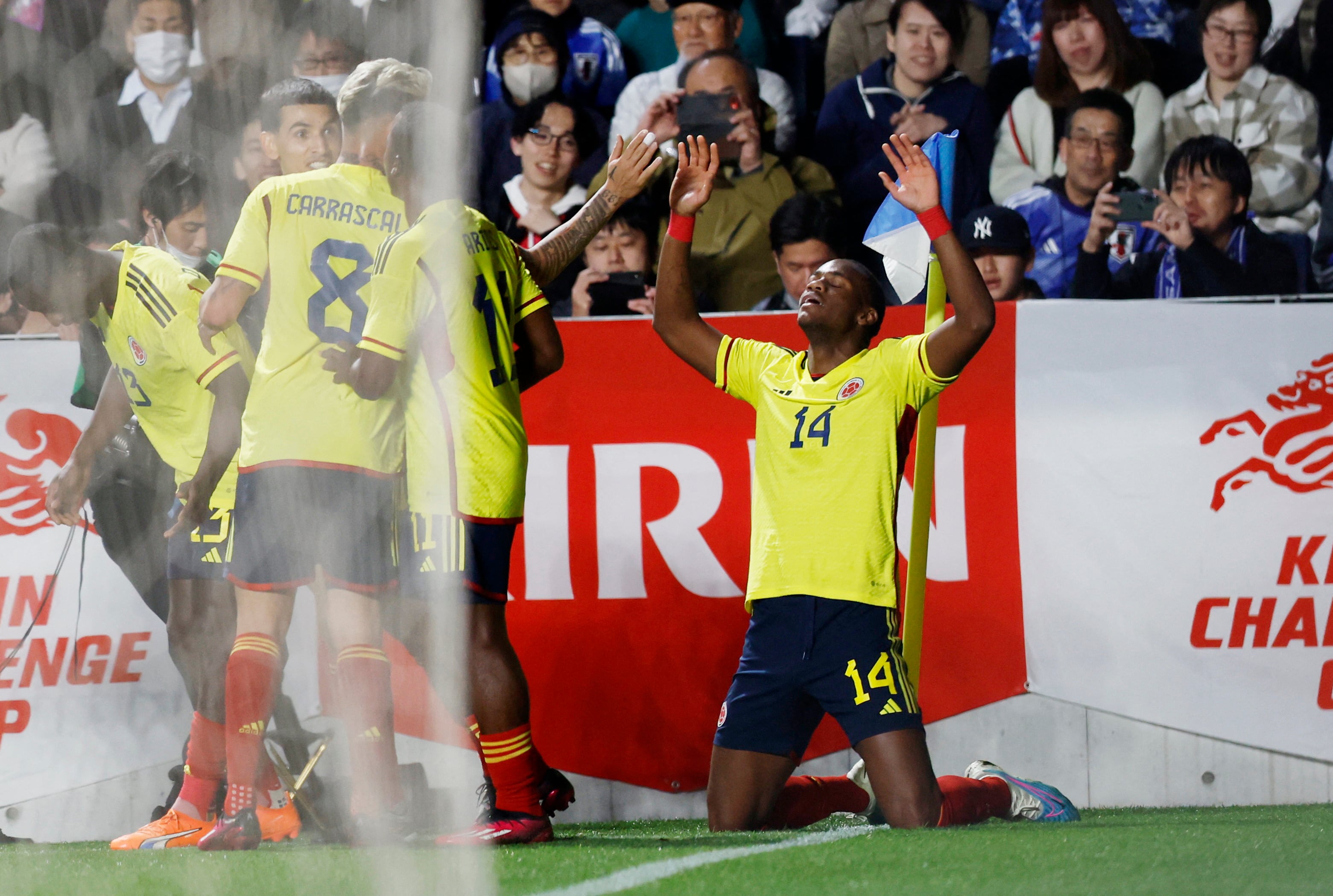 Soccer Football - International Friendly - Japan v Colombia - Yodoko Sakura Stadium, Osaka, Japan - March 28, 2023 Colombia's Jhon Duran celebrates with teammates after scoring their first goal REUTERS/Issei Kato