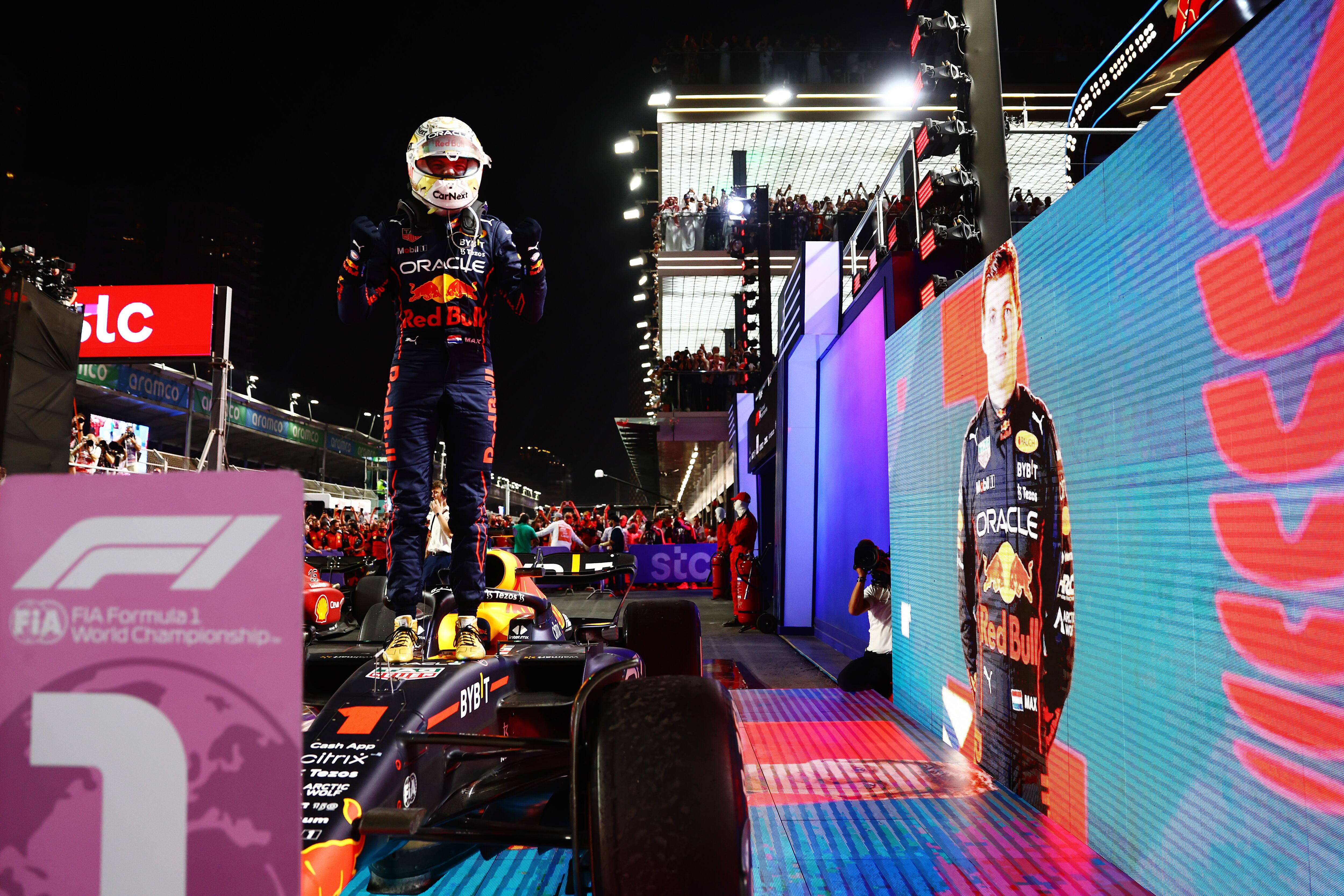 JEDDAH, SAUDI ARABIA - MARCH 27: Race winner Max Verstappen of the Netherlands and Oracle Red Bull Racing celebrates in parc ferme during the F1 Grand Prix of Saudi Arabia at the Jeddah Corniche Circuit on March 27, 2022 in Jeddah, Saudi Arabia. (Photo by Mark Thompson/Getty Images)