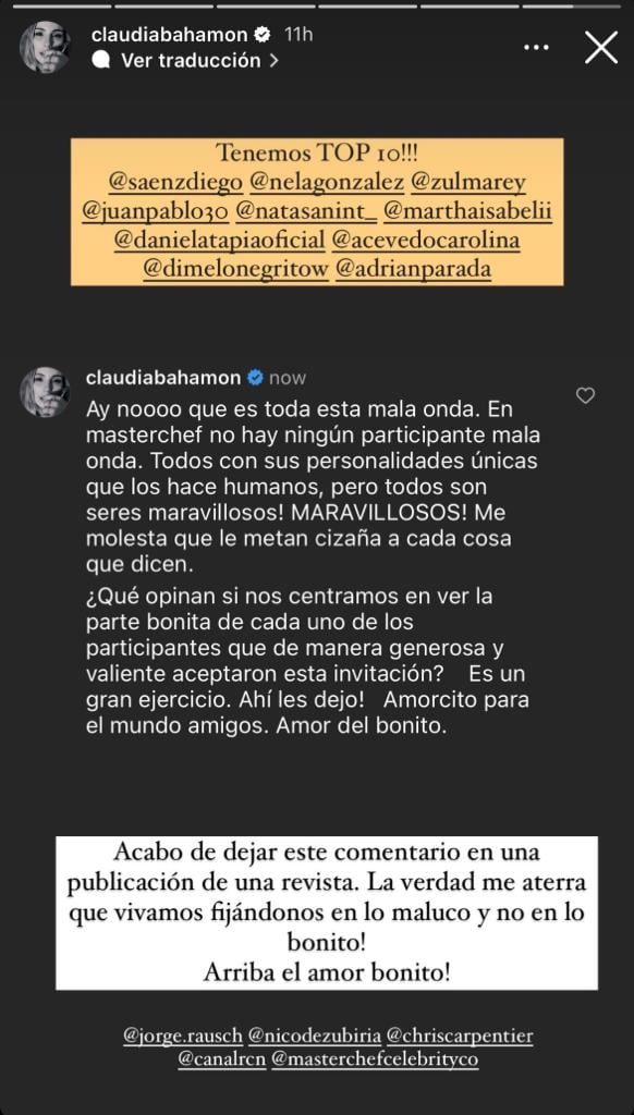 Claudia Bahamón se despachó en redes por críticas a Masterchef