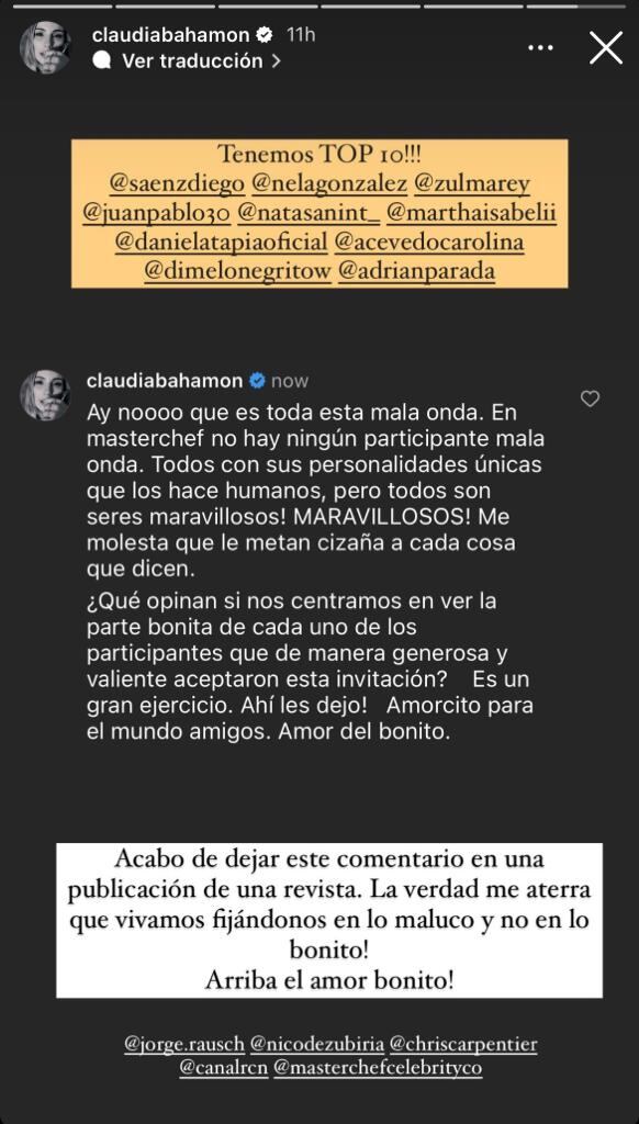 Claudia Bahamón se despachó en redes por críticas a Masterchef