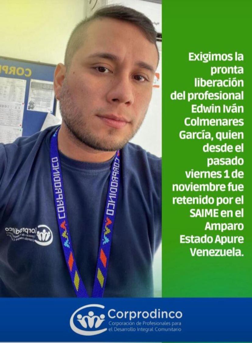 Edwin Iván Colmenares García está retenido desde el pasado 1 de noviembre.