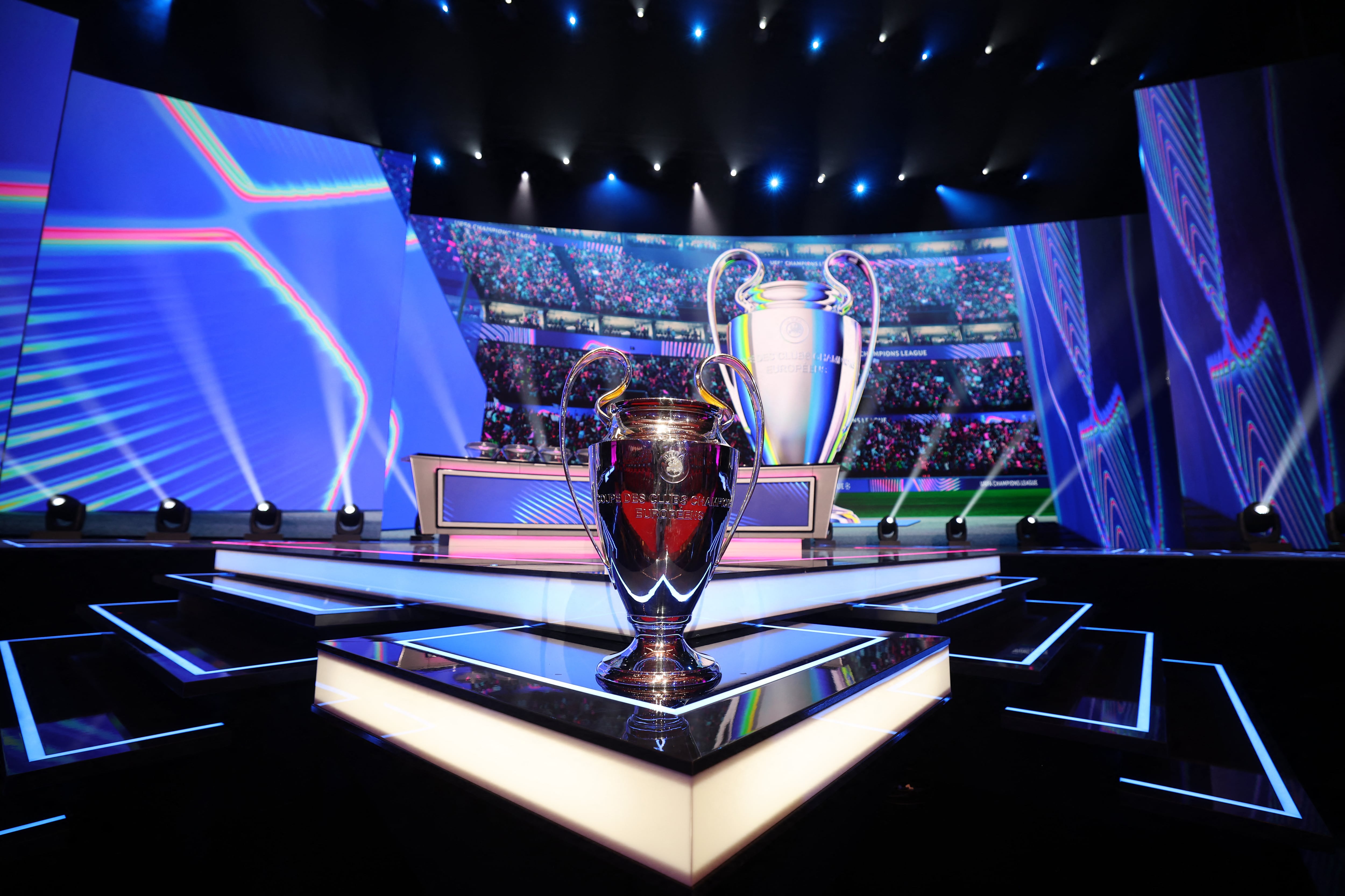 This photograph shows the UEFA Champions League trophy before the draw ceremony for the league phase of the 2026-2027 UEFA Champions League football tournament at the Grimaldi Forum in the Principality of Monaco on August 27, 2026. (Photo by Valery HACHE / AFP)