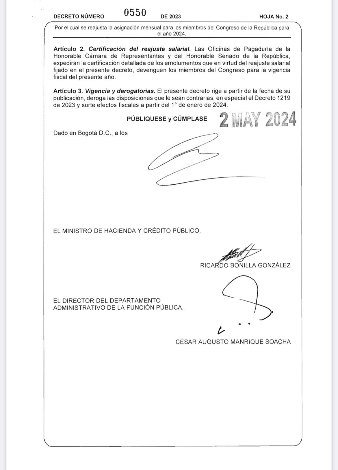 Documento decreto aumento salario congresistas