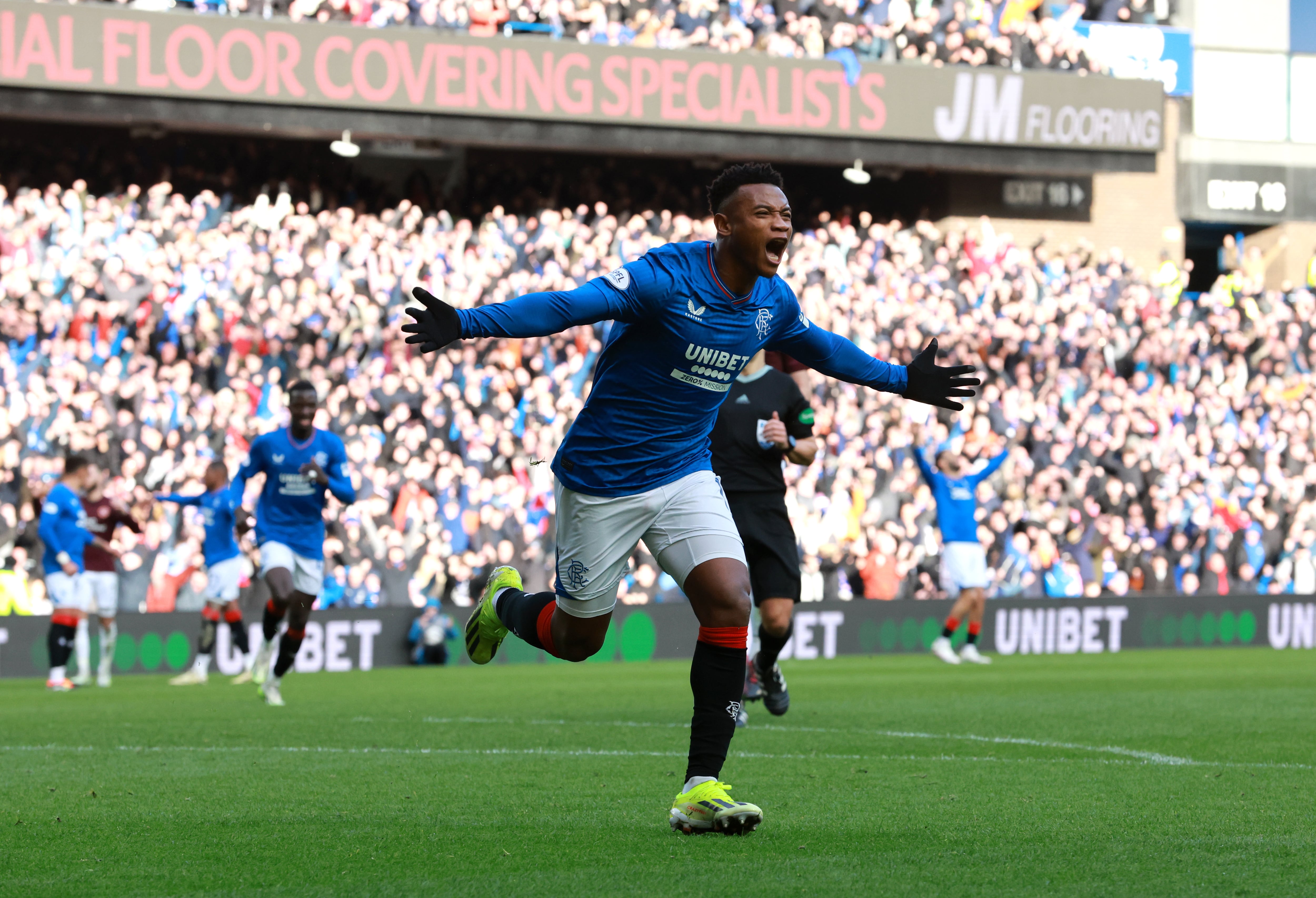 Rangers' Oscar Cortes celebrates scoring their side's second goal of the game during the cinch Premiership match at Ibrox Stadium, Glasgow. Picture date: Saturday February 24, 2024. (Photo by Steve Welsh/PA Images via Getty Images)