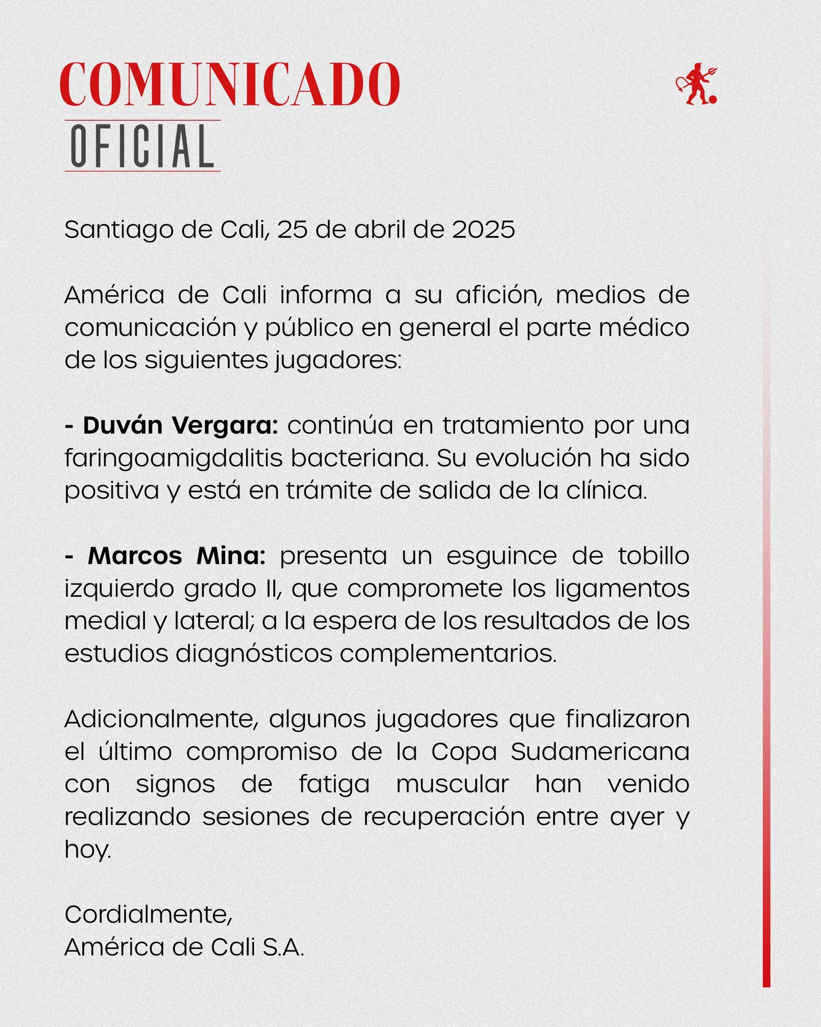 Comunicado oficial de América de Cali sobre Duván Vergara.