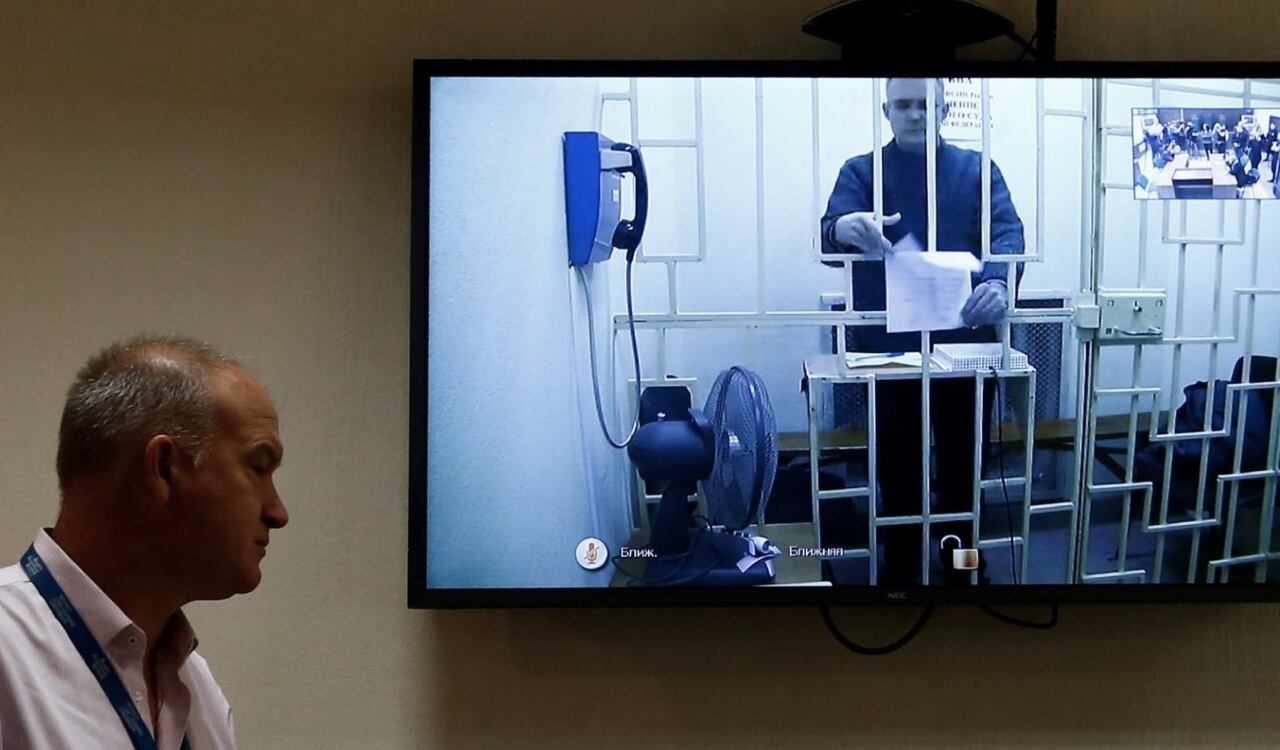 Paul Whelan atiende una audiencia de manera virtual en Moscú, Rusia. La imagen fue tomada en septiembre de 2019