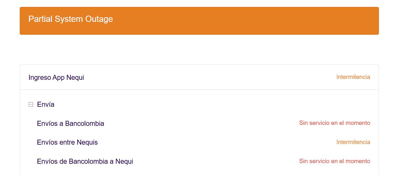 El sistema de Nequi indicó hacia el final de la tarde interrupciones parciales, afectando el ingreso, los envíos entre usuarios y las operaciones con Bancolombia.