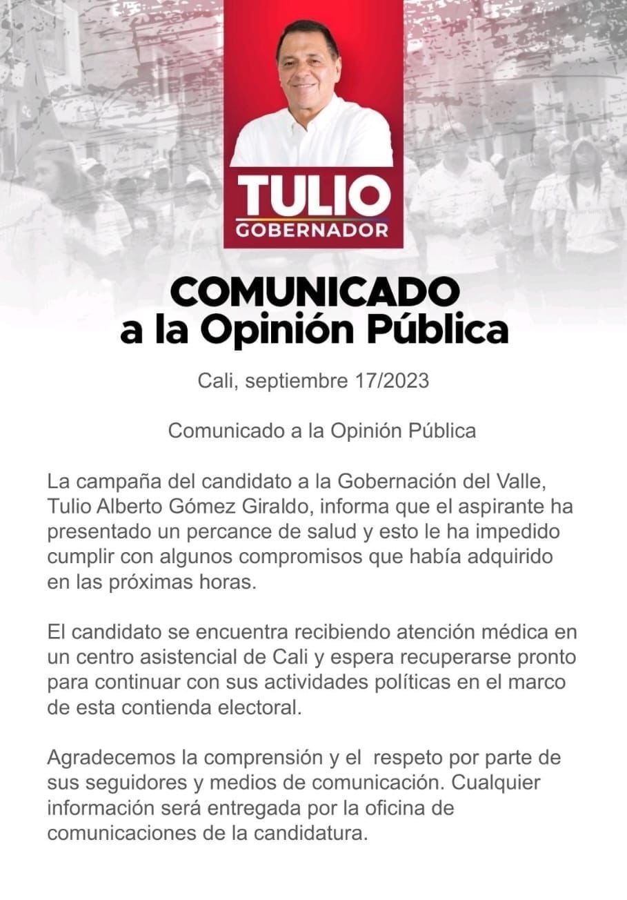 Por problemas de salud, el candidato a la Gobernación del Valle, Tulio Gómez, no asistió a debate.