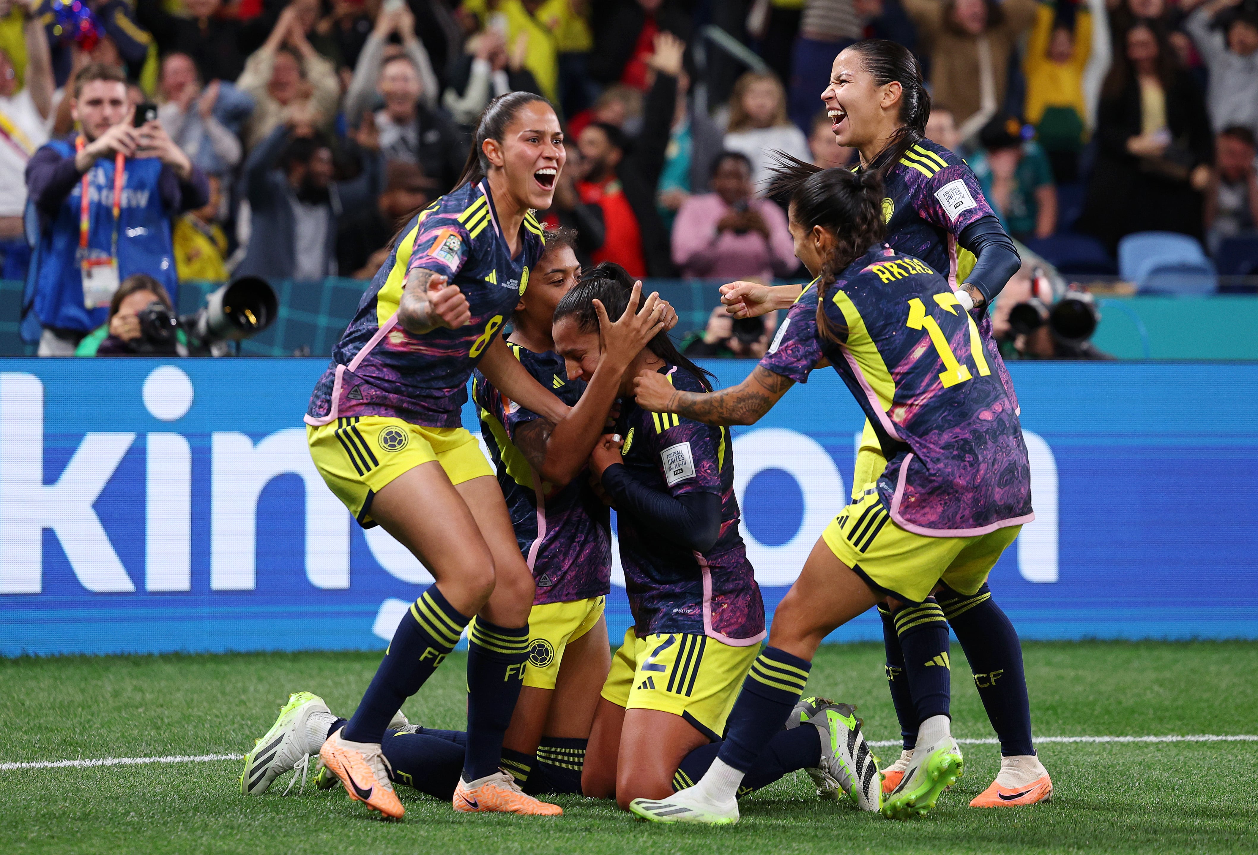 SYDNEY, AUSTRALIA - JULY 30: Manuela Vanegas of Colombia celebrates with teammates after scoring her team's second goal during the FIFA Women's World Cup Australia & New Zealand 2023 Group H match between Germany and Colombia at Sydney Football Stadium on July 30, 2023 in Sydney, Australia. (Photo by Elsa - FIFA/FIFA via Getty Images)