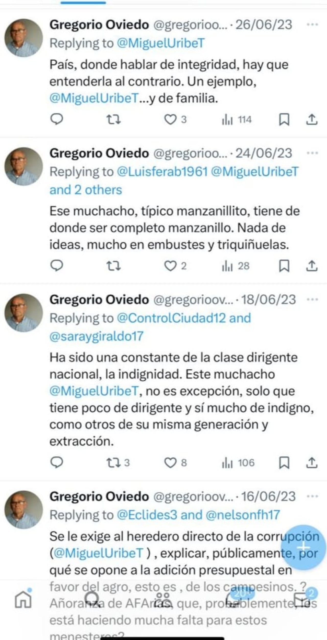 Trino de Gregorio Oviedo contra el senador Miguel Uribe