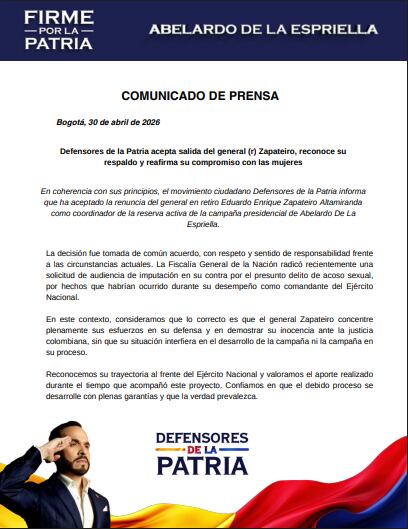 Comunicado aceptando la salida del general Zapateiro de la campaña de la Espriella.