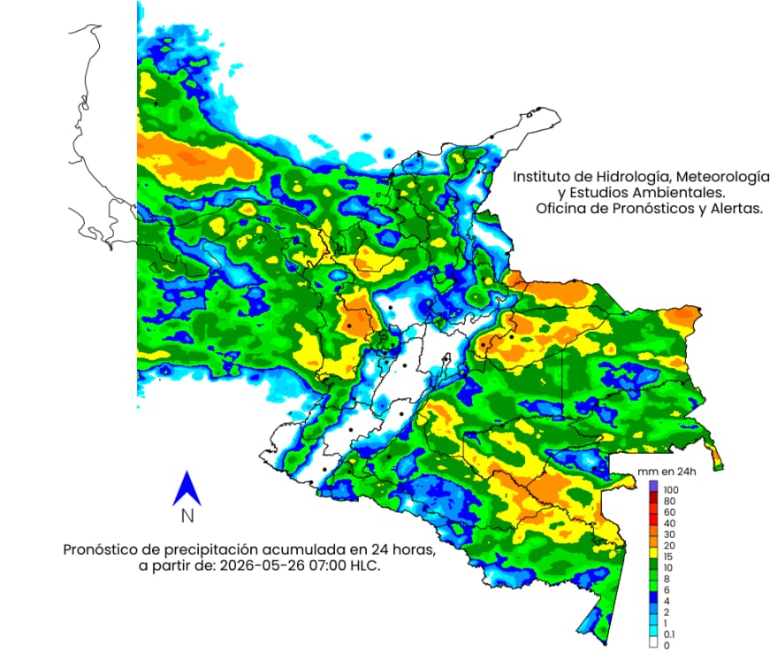 Mapa climático de Colombia para el martes 26 de mayo.