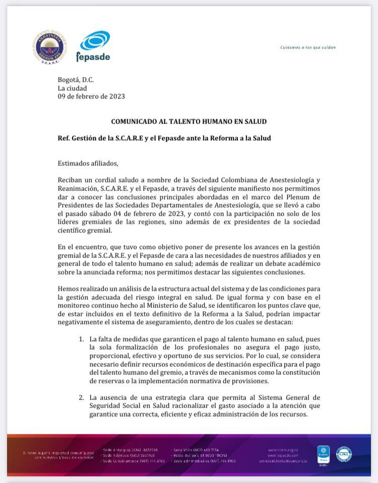 Comunicado de Sociedad Colombiana de Anestesiología y Reanimación, S.C.A.R.E. y el Fepasde