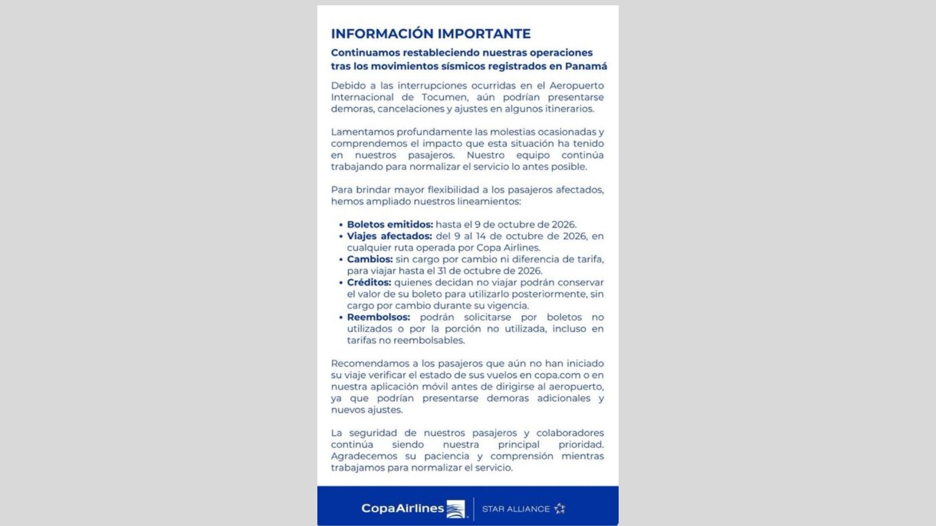 Comunicado oficial Copa Airlines