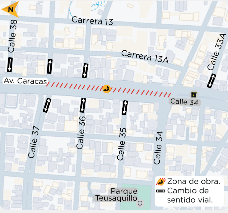 Estas son las vías que tendrán cambio de sentido por las obras en la Avenida Caracas entre calles 34 y 37, en Bogotá