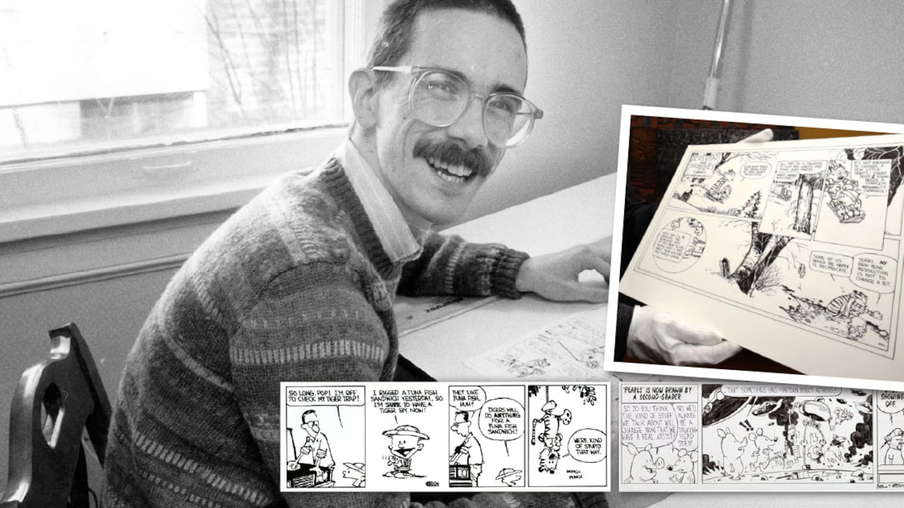 Calvin y Hobbes alcanzó su máxima popularidad en 1995 cuando se publicaba en 2.400 periódicos alrededor del mundo y se traducía a 40 idiomas. En ese momento Watterson decidió terminarla. Excepcionalmente el autor accedió a diseñar el afiche de la próxima edición del festival de Angulema (derecha).