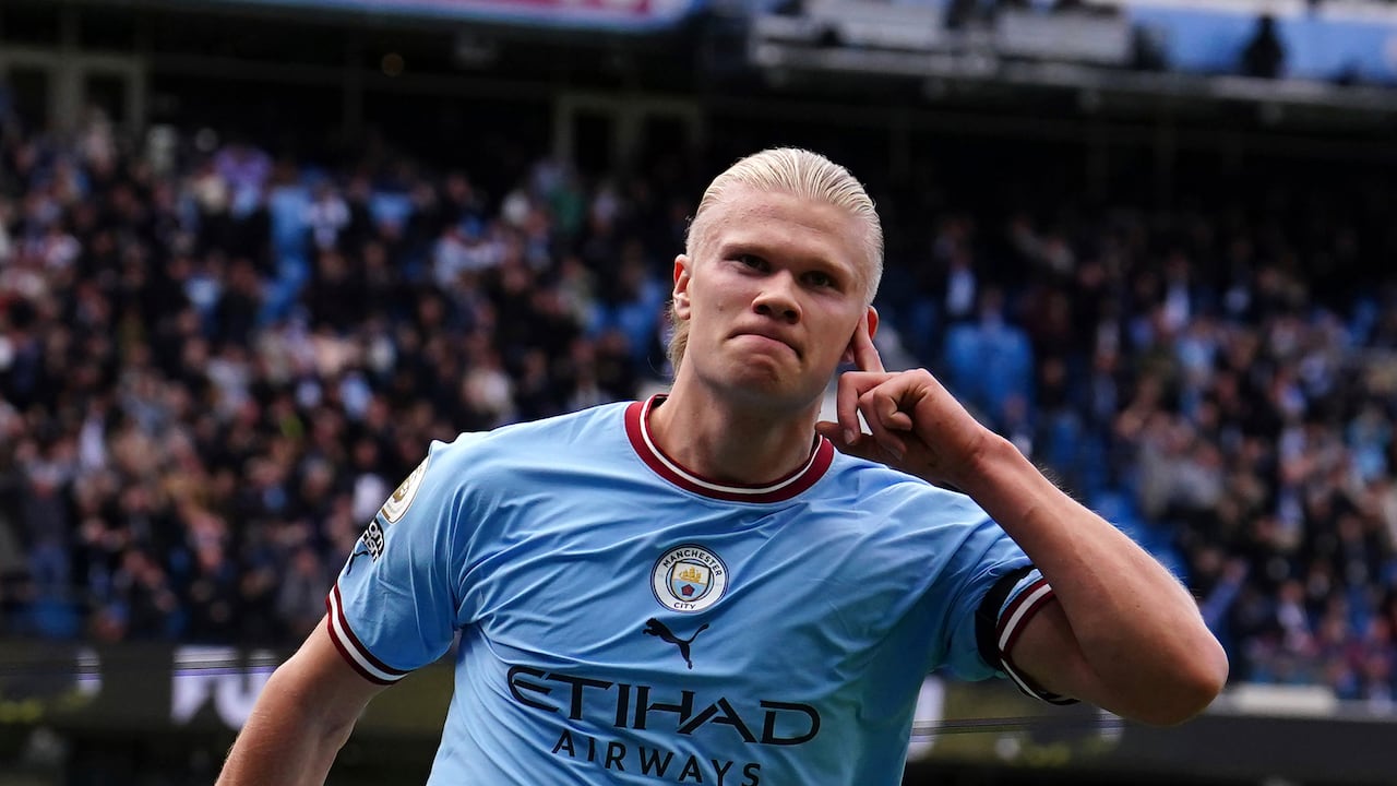 Manchester City's Erling Haaland celebrates after scoring his side's third goal during the English Premier League soccer match between Manchester City and Manchester United at Etihad stadium in Manchester, England, Sunday, Oct. 2, 2022. (Martin Rickett/PA via AP)