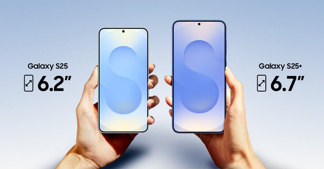 Samsung ofrece dos tamaños de pantalla en su serie S25: el Galaxy S25 con 6.2 pulgadas y el S25+ con 6.7 pulgadas, para quienes buscan mayor espacio.