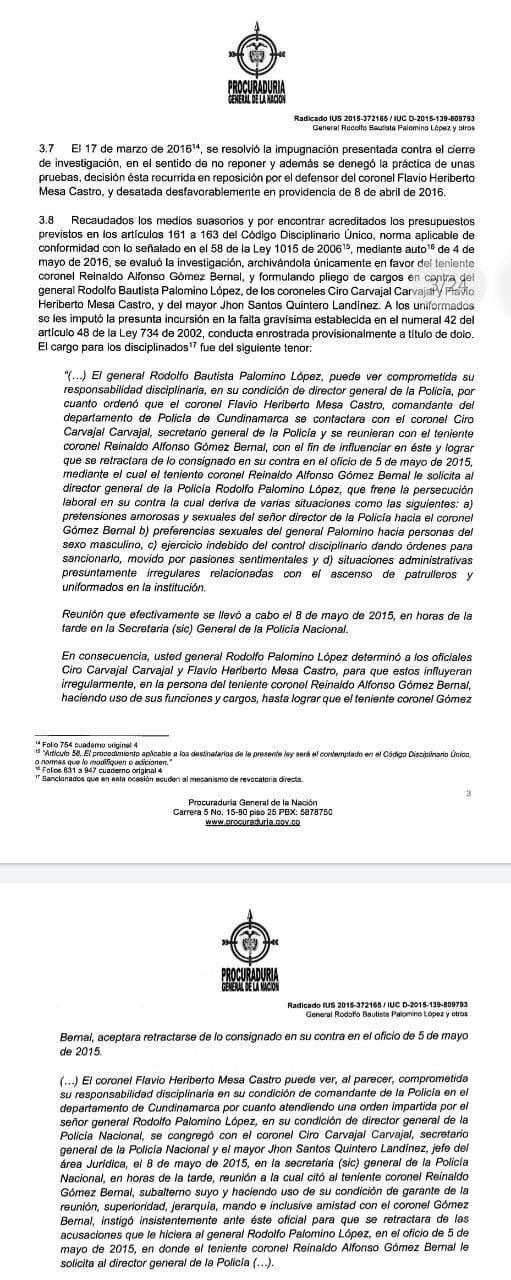 Fragmento proceso en Procuraduría contra el general (r) Rodolfo Palomino