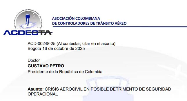 La carta que la Asociación Colombiana de Controladores de Tránsito Aéreo envió al presidente Petro.