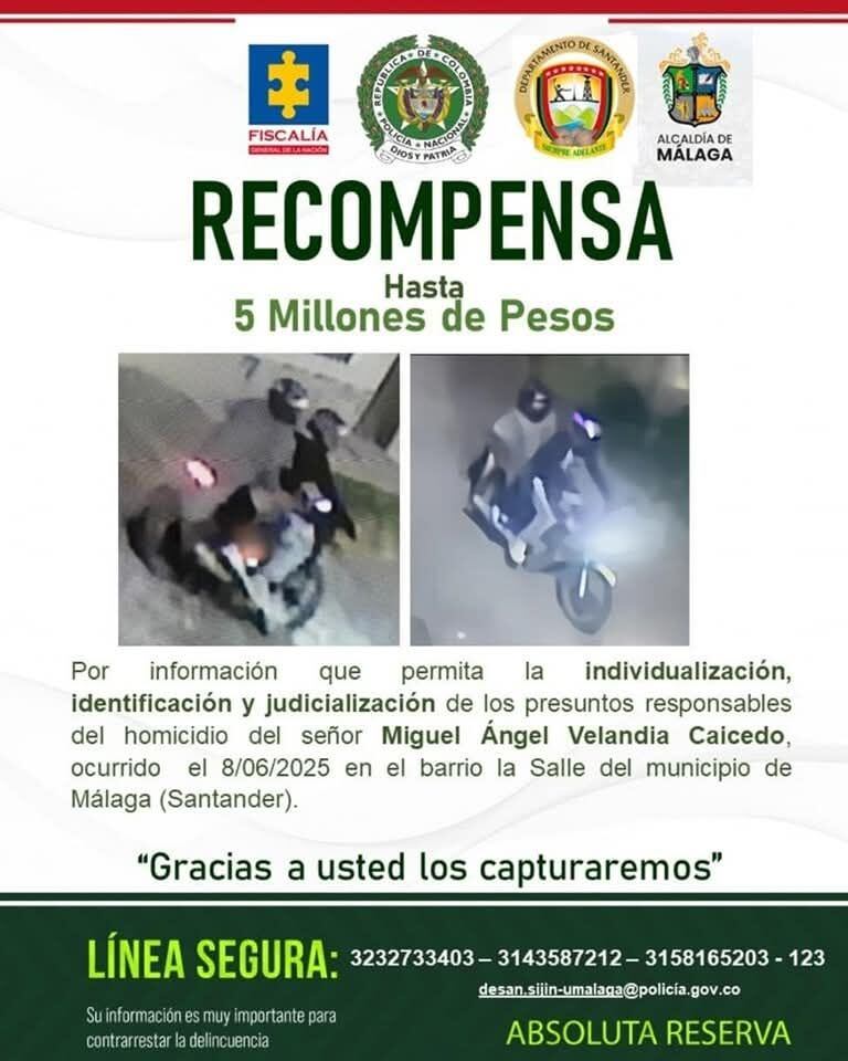 Con estas fotos y una recompensa de 5 millones de pesos buscan a los asesinos de Miguel Ángel Velandia en Málaga, Santander.