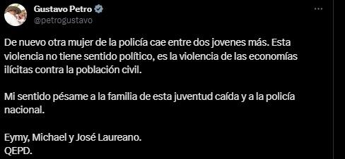 Trino Gustavo Petro lamentando el asesinato de tres uniformados de la Policía en Morales, Cauca.