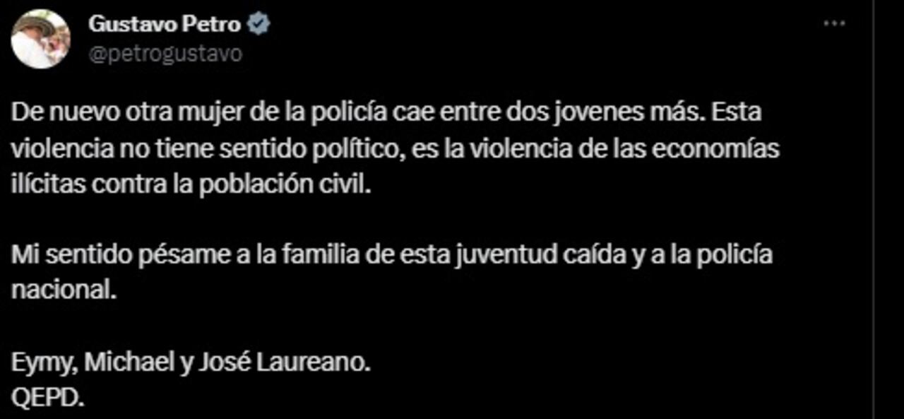 Trino Gustavo Petro lamentando el asesinato de tres uniformados de la Policía en Morales, Cauca.